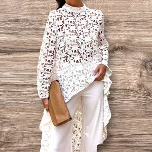 Pretty Garden Lace Top High Low White Crochet Blouse Tunic Shirt Sz Large Layers